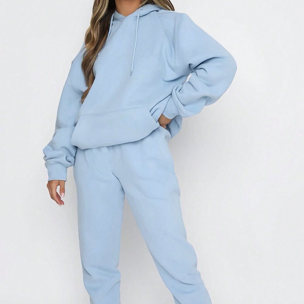 Baby Blue Casual Women's Hooded Drawstring Sweatshirt And Sweatpants Set